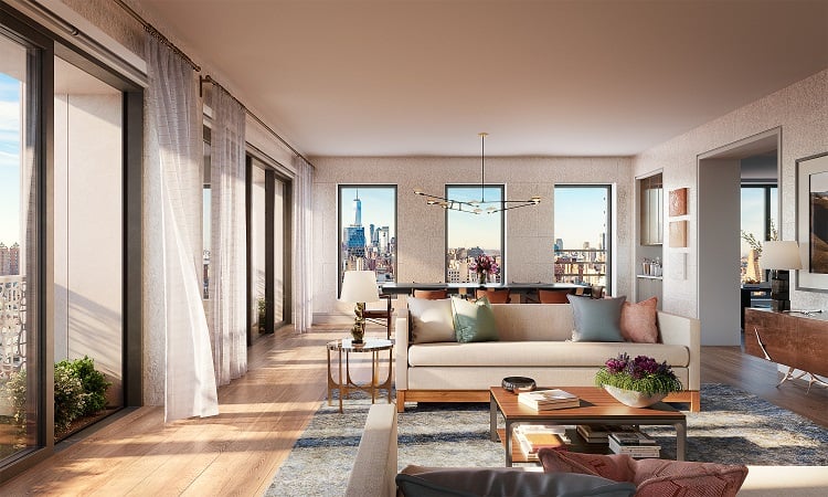 living room of a unit inside the Flatiron House condo building