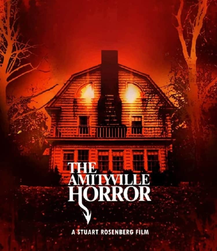 Poster for the original Amityville movie featuring the house where the tragic events that inspired it took place.