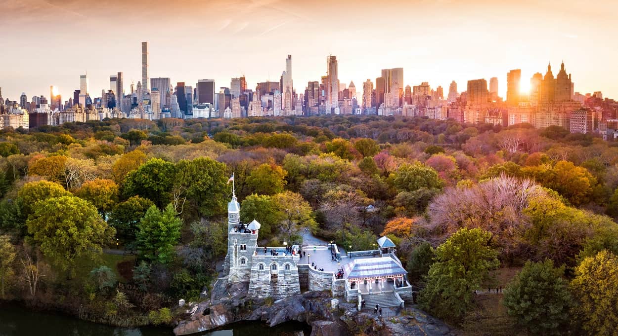 Belvedere Castle in Central Park with the New York skyline in the background