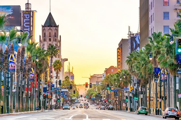 View of world famous Hollywood Boulevard district in Los Angeles, California, USA at twilight.