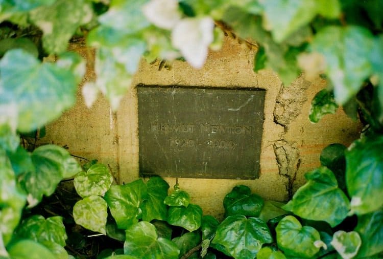 Photograph of memorial plaque at Chateau Marmont in Los Angeles, where Newton's car hit the wall.