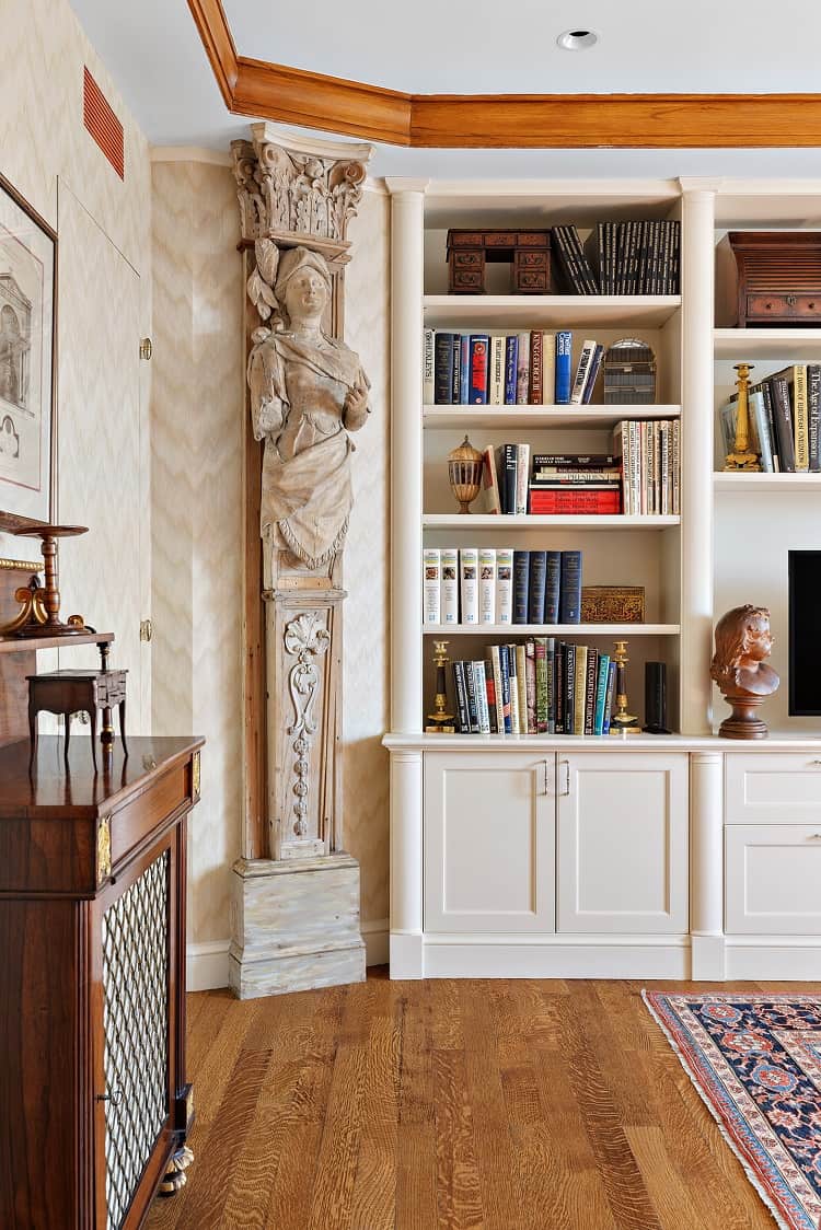 bookshelf and statue inside Greta Garbo's apartment at The Campanile