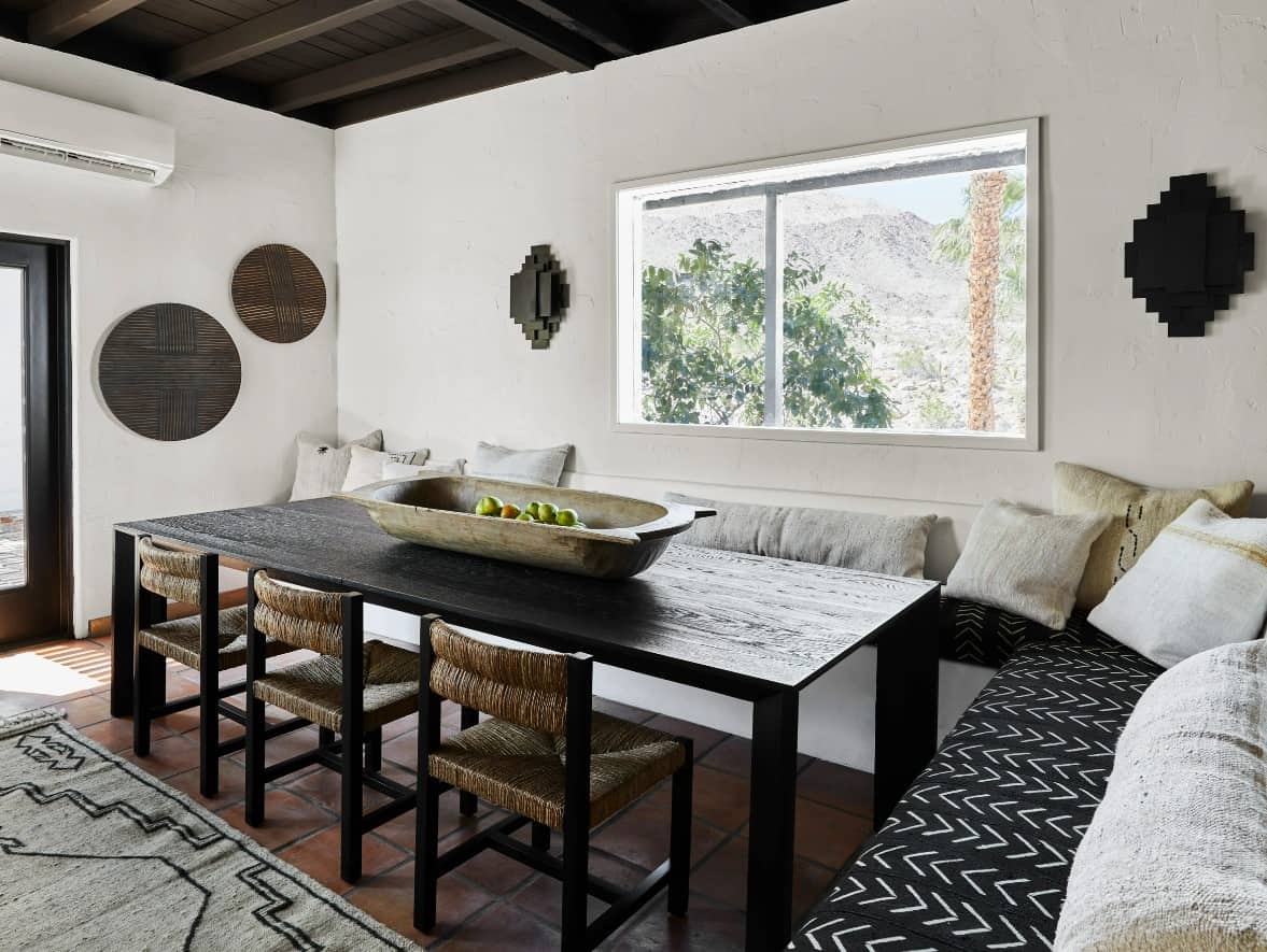 rustic style bench table inside Bobby Berk's house