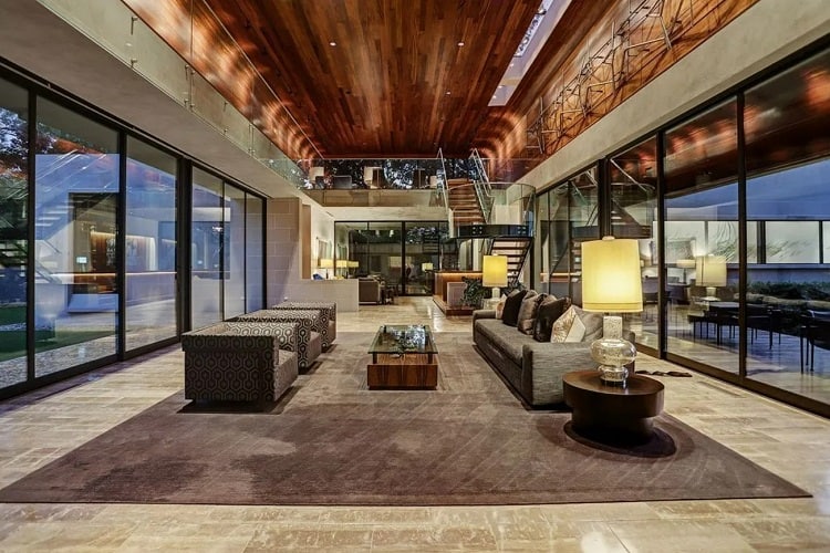 two-story tall living room inside Travis Scott's house in Houston, Texas.