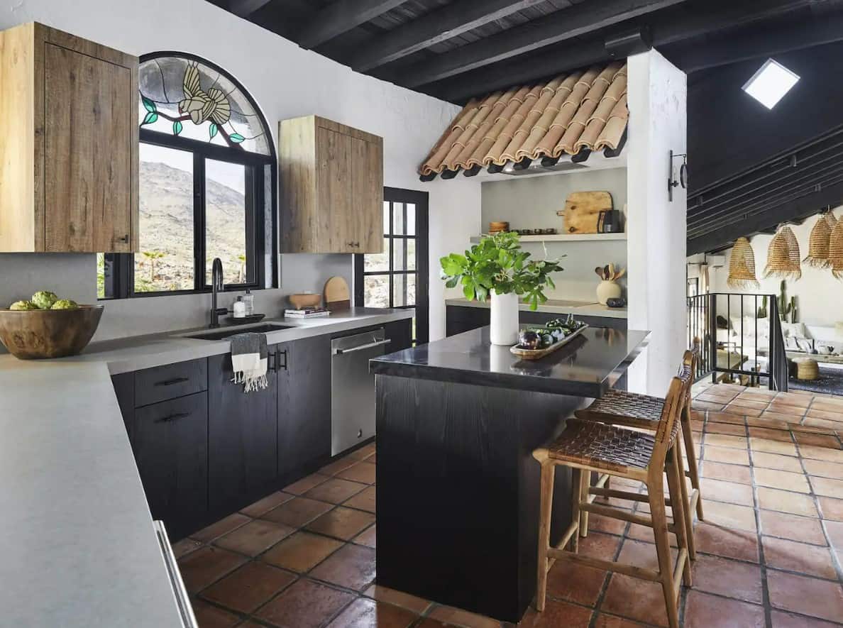 The kitchen inside Bobby Berk's house, a meticulously renovated Hacienda-style property in Palm Desert, Calif. 