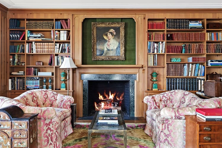 Fireplace and bookshelves inside Greta Garbo's longtime home in New York City. 