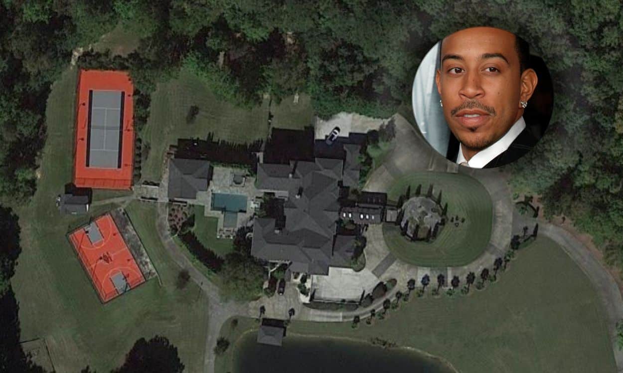 rapper Ludacris and an aerial view of his house in Atlanta