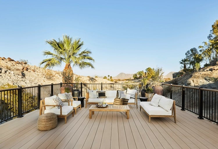 outdoor deck in Bobby Berk's house, with desert views