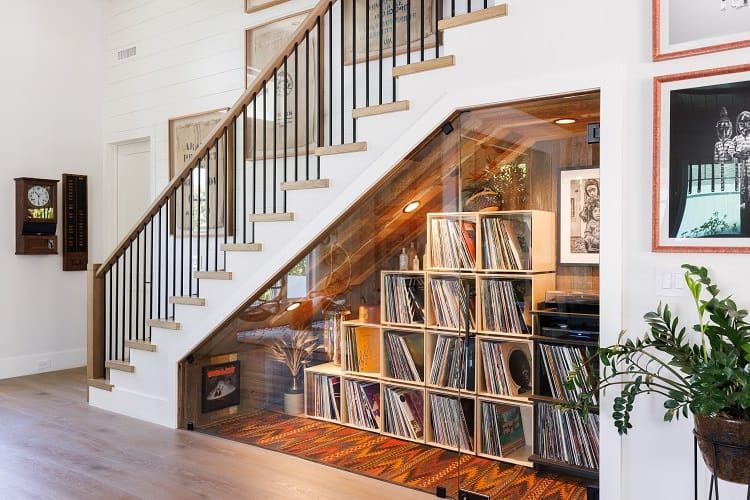 Daveed Diggs record collection under the staircase