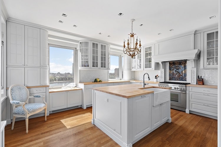 all-white kitchen inside Greta Garbo's former apartment at the Campanile