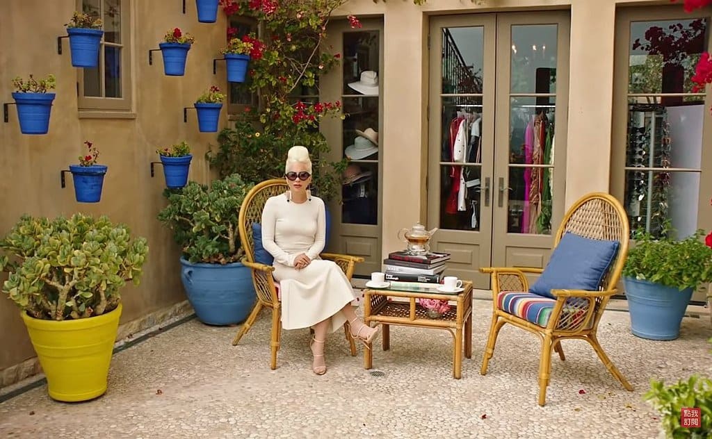 Lady Gaga on the patio of her house in Malibu, filming for Vogue's 73 Questions With Lady Gaga. 