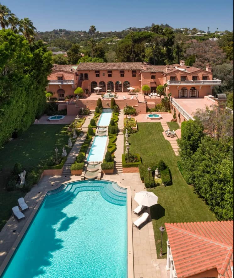 Pool view of the legendary Beverly House at 1011 N Beverly Drive, Los Angeles. 