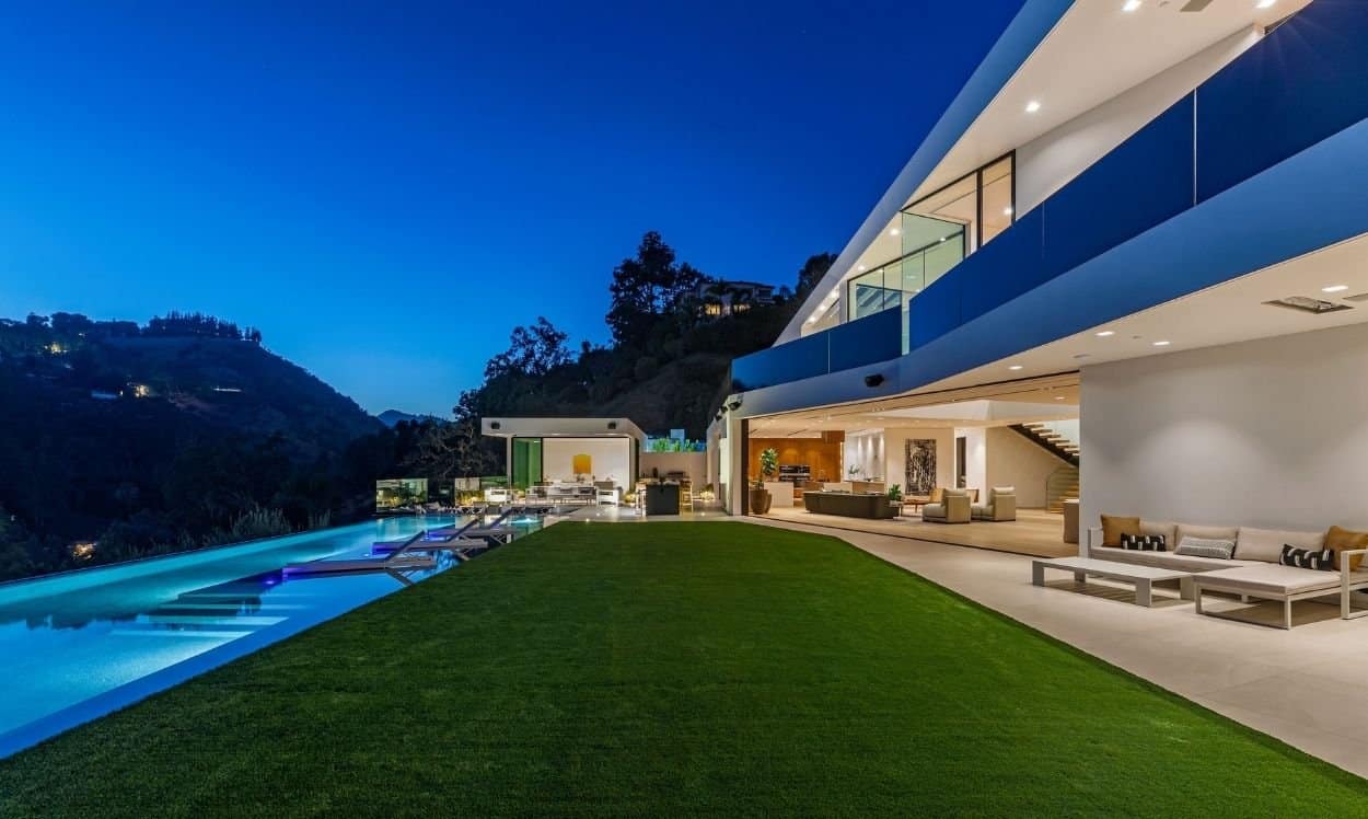 A nighttime view of the $17.5 million mansion where Chrissy Teigen and John Legend live in Beverly Hills.