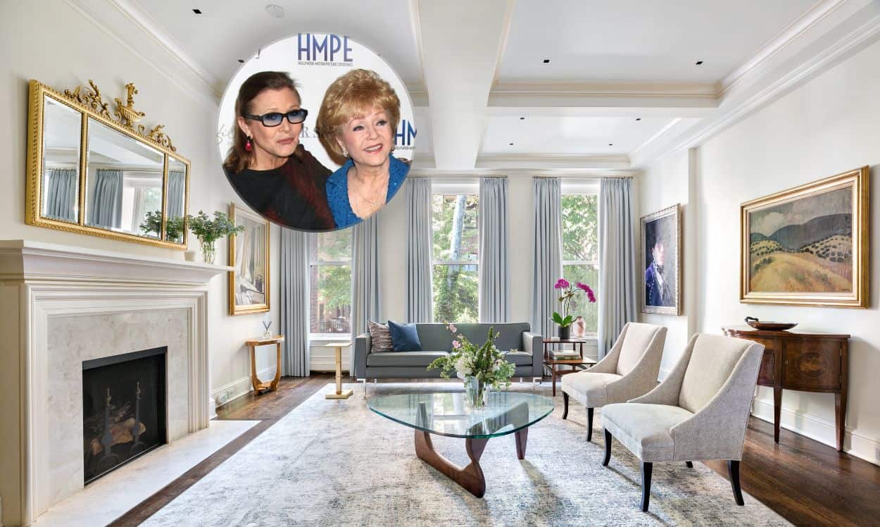 Actresses Debbie Reynolds and Carrie Fisher and the living room of their New York townhouse