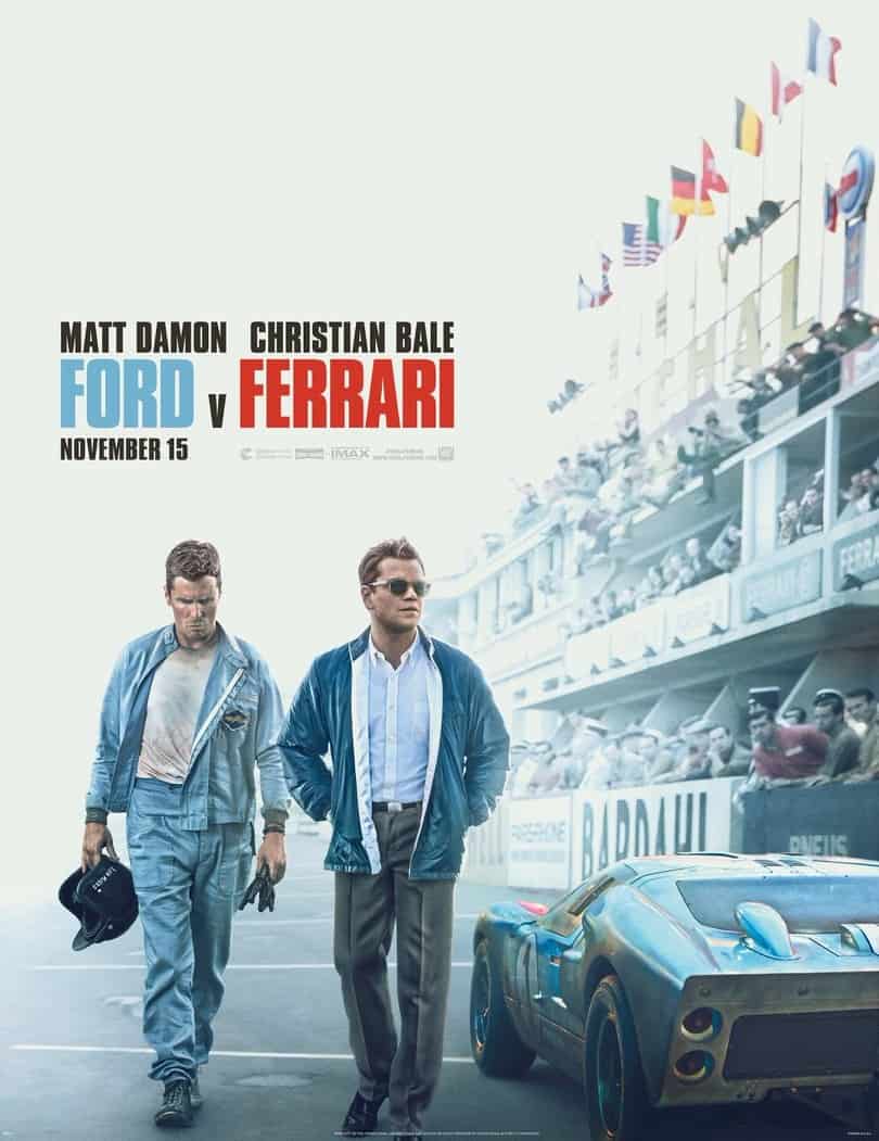 Movie poster for Ford v. Ferrari (2019) starring Matt Damon and Christian Bale. 