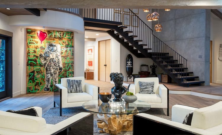 living room inside Machine Gun Kelly's house in Los Angeles. 