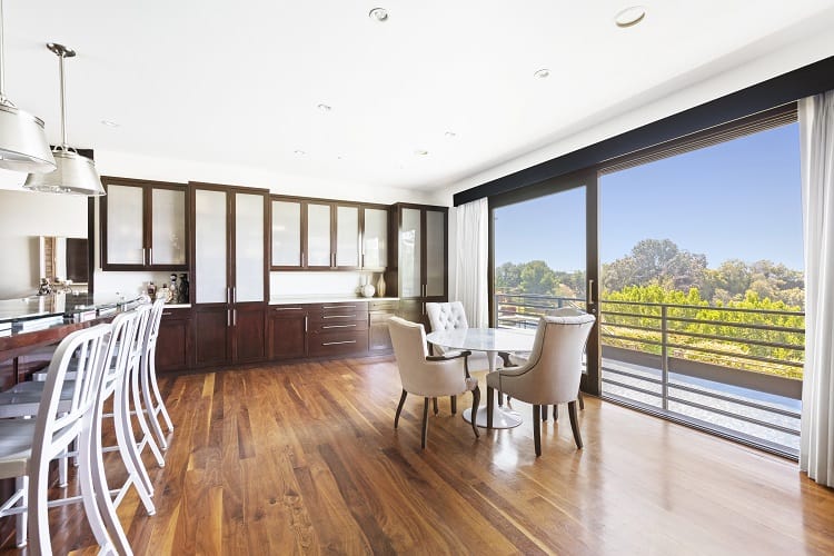 dine-in kitchen with large windows 