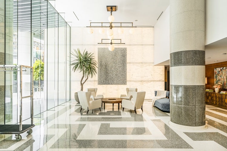 Lobby inside the Four Seasons Private Residences in Los Angeles.