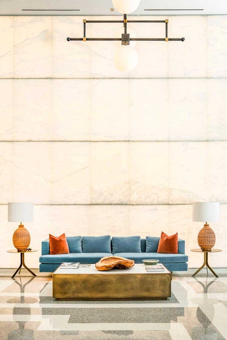 waiting area in the lobby of the Four Seasons Private Residences in Los Angeles