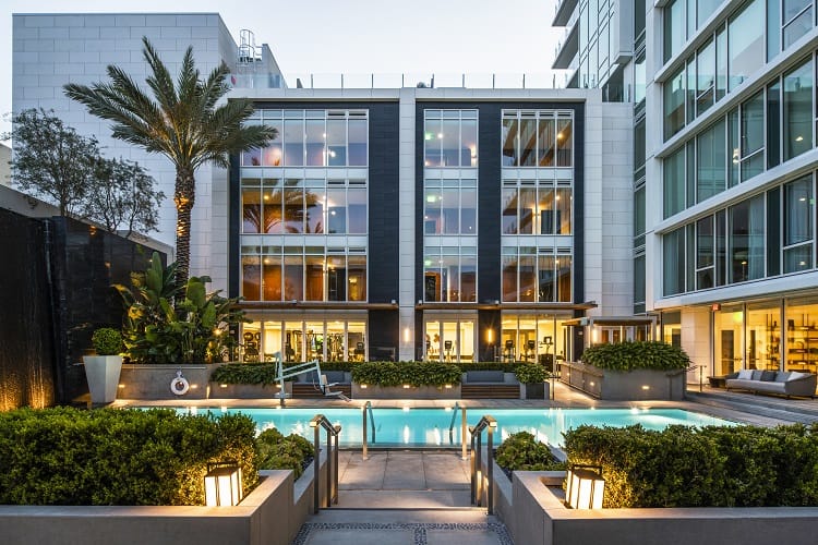pool view of the Four Seasons Private Residences in Los Angeles.