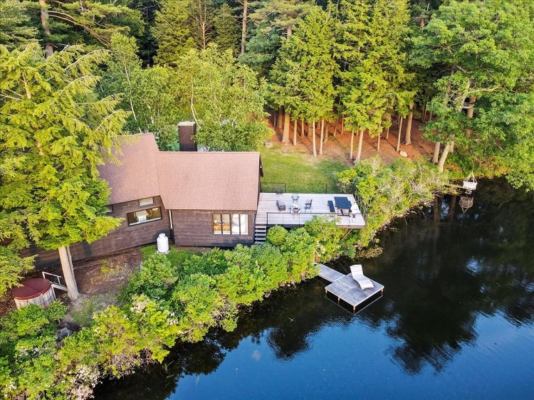 aerial view of Atwater, a 321-acre retreat in the Berkshires with lake frontage