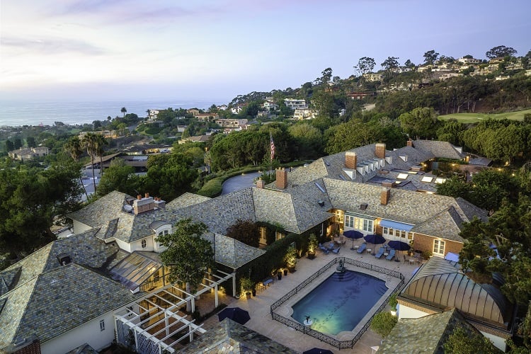 aerial view of the Foxhill Estate in La Jolla, San Diego and its pool