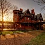 Mark Twain house and museum in Connecticut at sunset