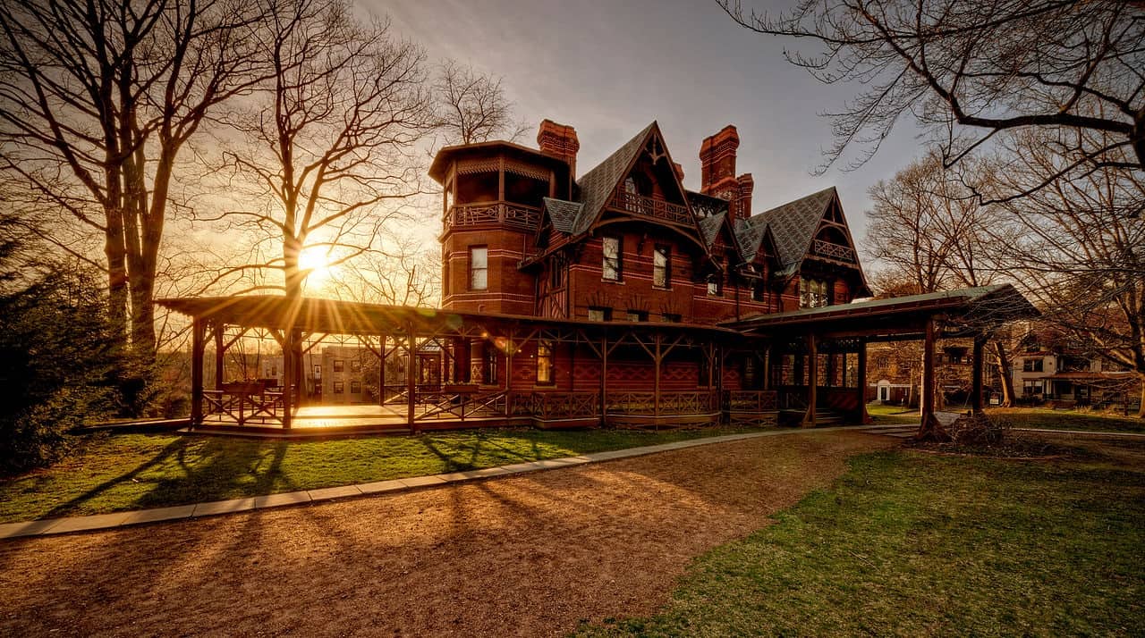 Mark Twain house and museum in Connecticut at sunset