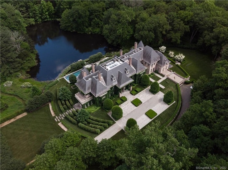 Aerial view of the chateau-like residence at 266 Michigan Road in New Canaan, CT. 