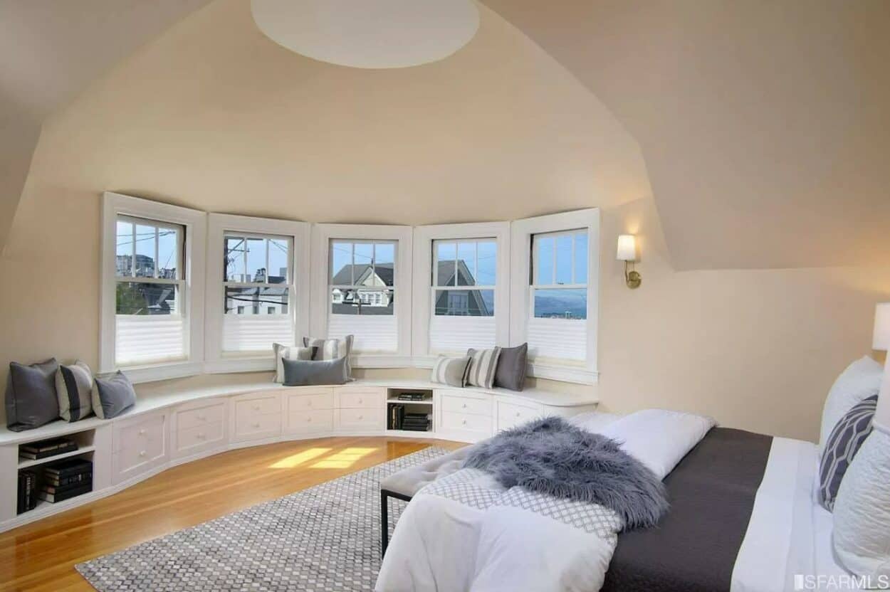 spacious bedroom with window seating inside the house from Mrs Doubtfire in San Francisco. 