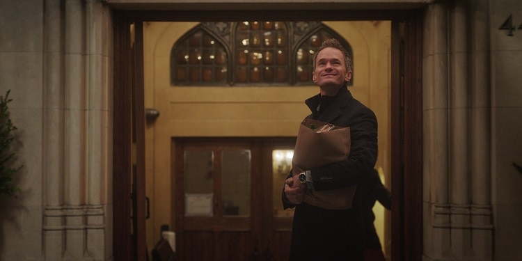 Neil Patrick Harris as Michael Lawson outside his apartment building in episode 105 of Uncoupled