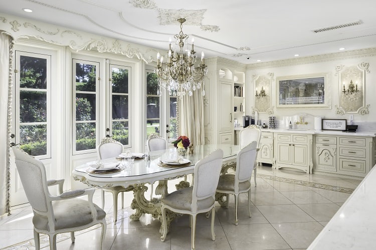 kitchen and dining area inside Foxhill Estate in La Jolla, San Diego