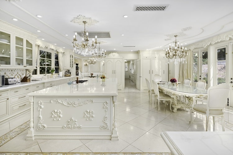 luxurious white kitchen inside Foxhill Estate in La Jolla, San Diego