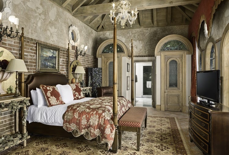 luxury rustic bedroom inside Foxhill Estate in La Jolla, San Diego