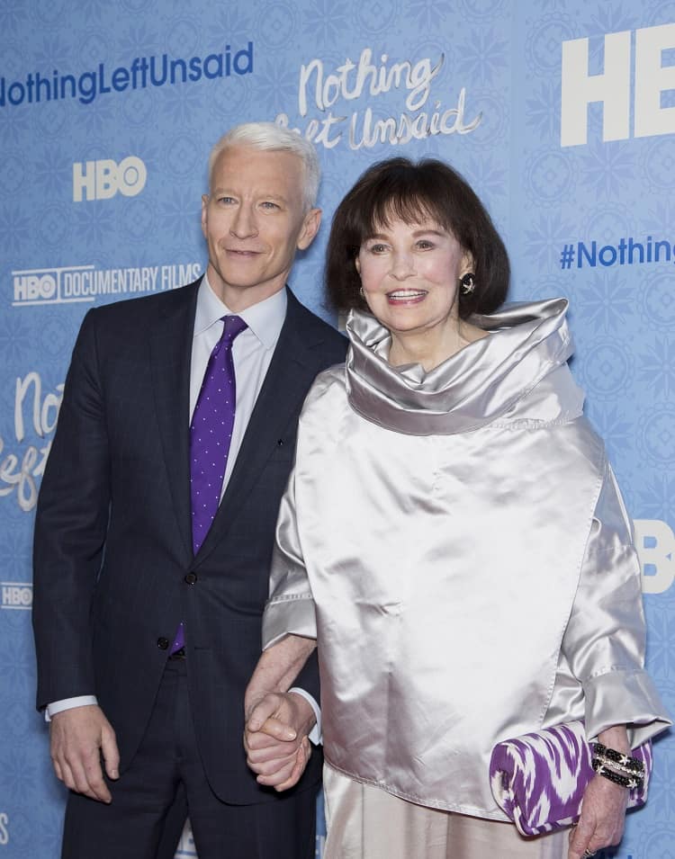 Anderson Cooper and mom Gloria Vanderbilt, in 2016, together on the red carpet for the New York City premiere of HBO Documentary Films: Nothing Left Unsaid: Gloria Vanderbilt & Anderson Cooper.