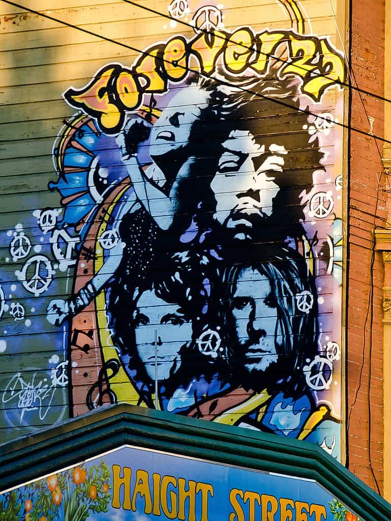 27 Club mural in Haight-Ashbury, San Francisco with Janis Joplin, Jim Morrison, Kurt Cobain and Jimi Hendrix. 