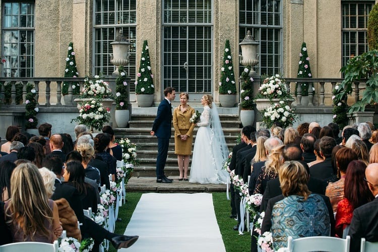 The wedding scene taking place right outside the house in Ready Or Not. 