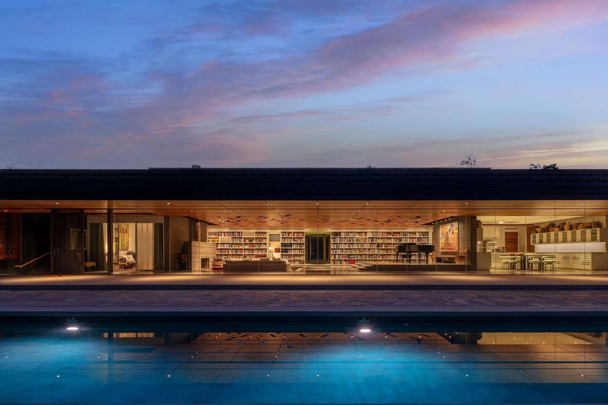 Exterior of the Wall House in Ojai Valley at dusk