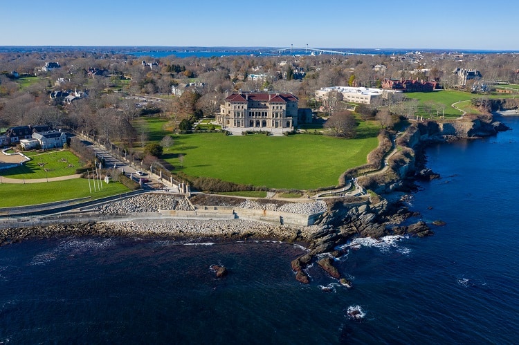 Aerial view of the former Vanderbilt estate known as the Breakers mansion. 