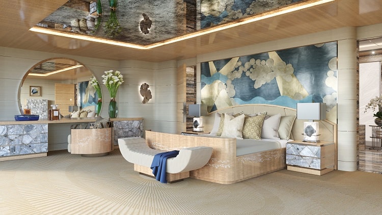 bedroom inside a luxury residence on the NJORD Superyacht. 