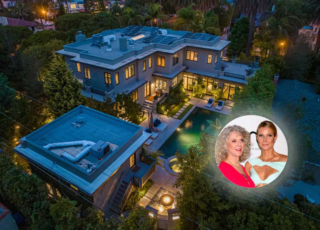 Gwyneth Paltrow and her mom, Blythe Danner, next to an arial photo of the house they used to live in