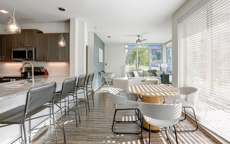 kitchen and dining area inside the contestants' apartments on Love is Blind. 