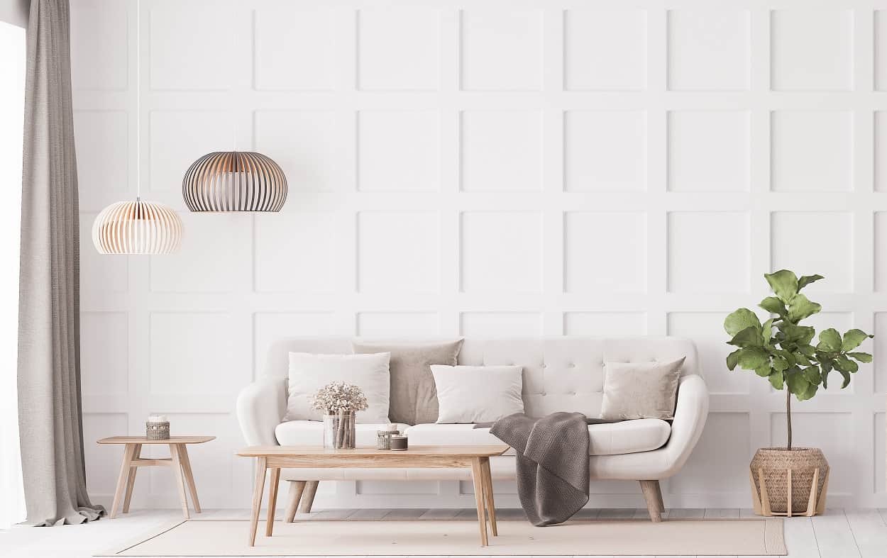 minimalist living room with sofa, white wood paneling