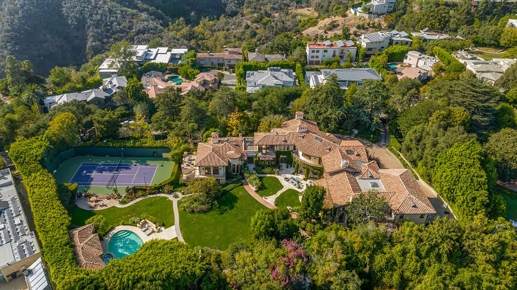 Aerial view of Sugar Ray Leonard's house, showing the main compound, tennis court, and swimming pool