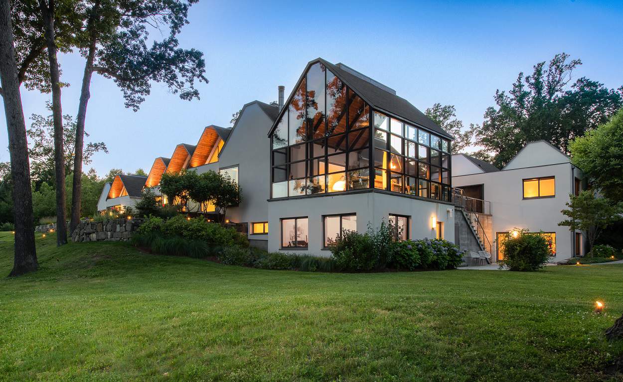 exterior of the architecturally distinct Origami House in Weston, Connecticut