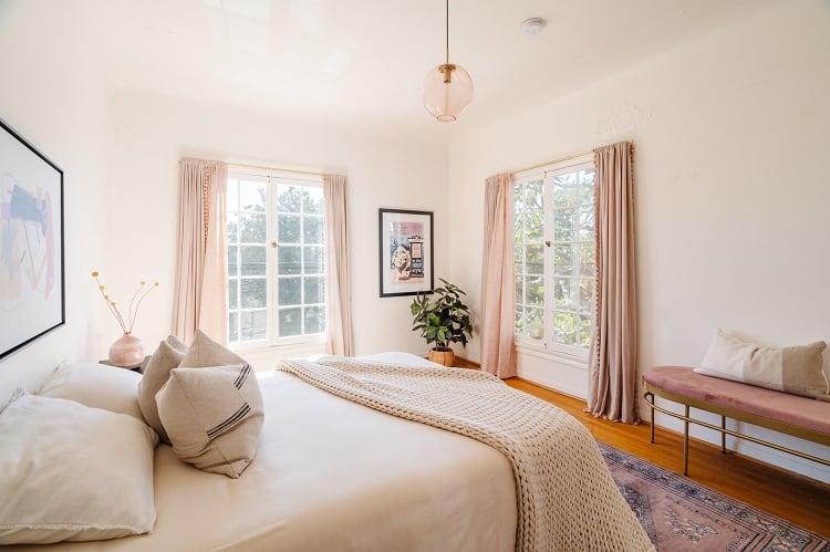 bedroom with casement windows inside Marilyn Monroe's former home