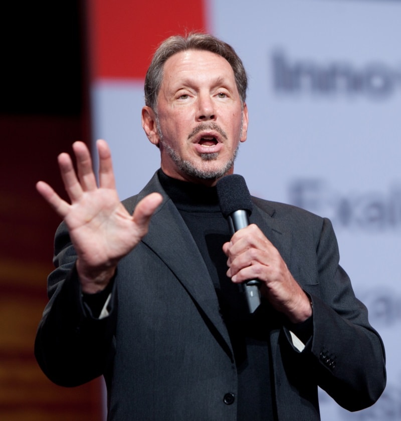 Billionaire Larry Ellison speaking at an Oracle conference. 