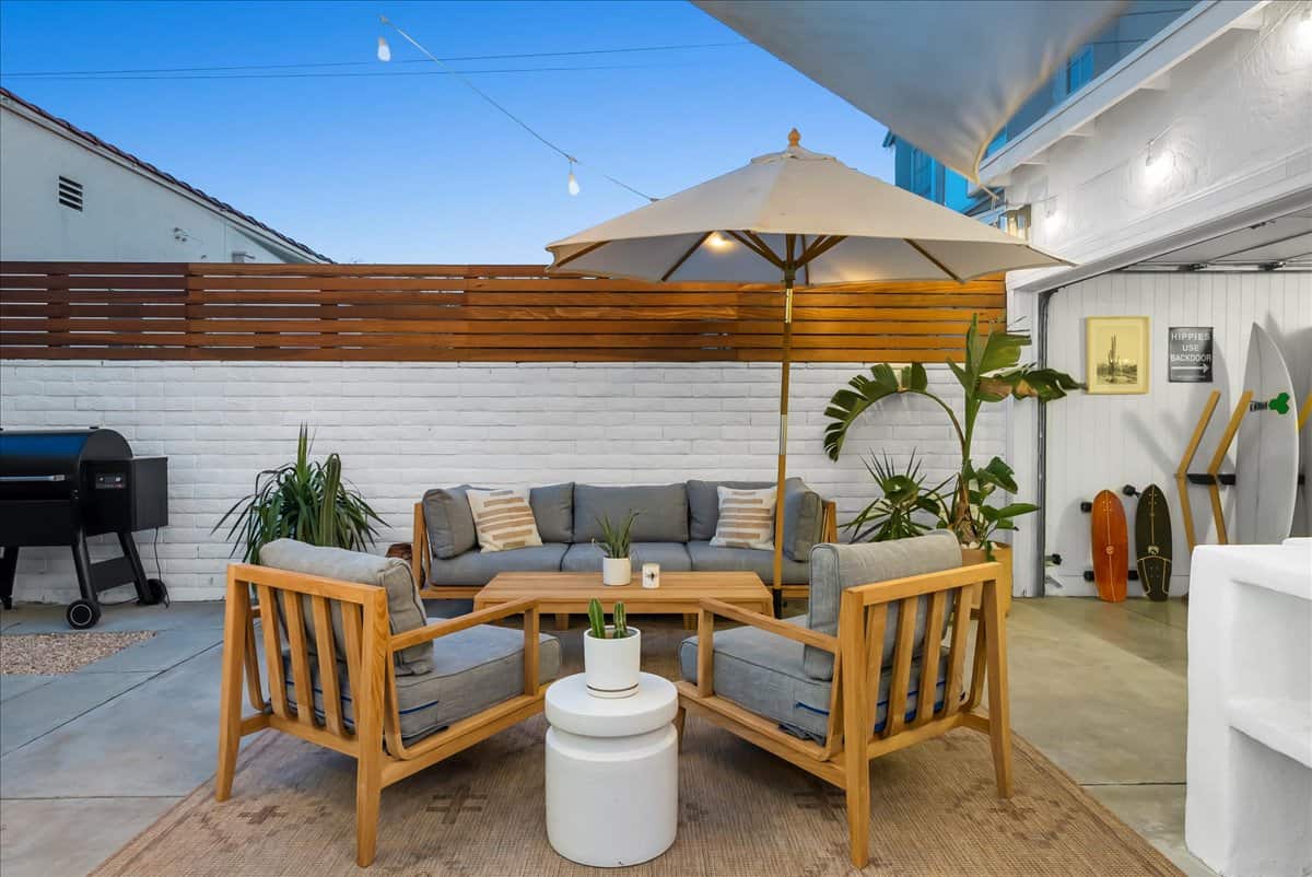 seating area outside a converted garage