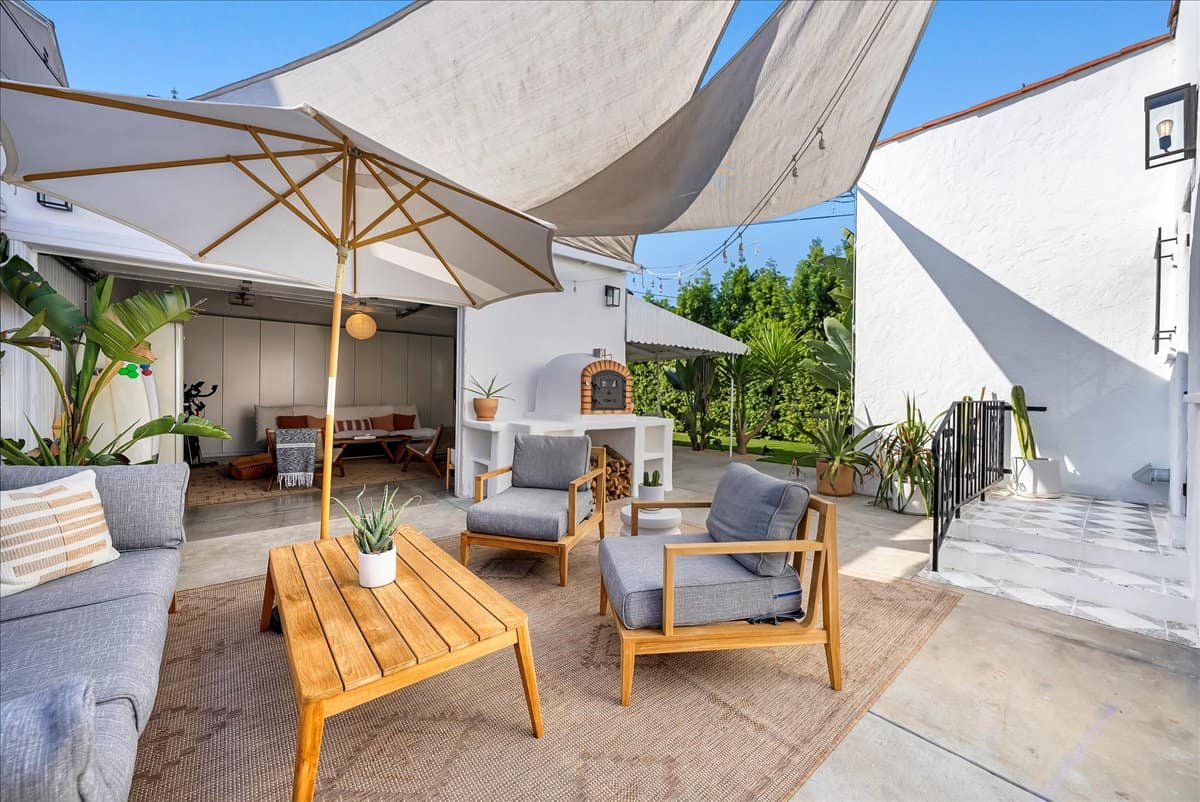 seating area outside a converted garage