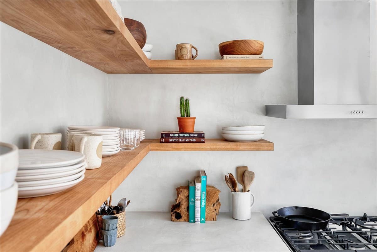 farm-like wooden shelves in kitchen